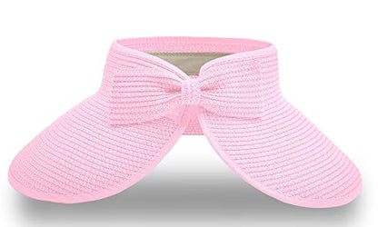 Straw Sun Visor for Women, Wide Brim UPF 50+ Protection Beach Hat, Adjustable, Roll Up Foldable Ponytail Cap with Chin Strap - color: Light Pink