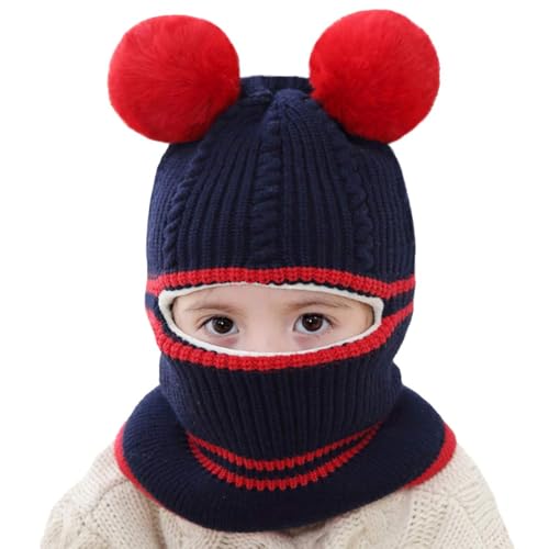 Toddler Winter Hat Baby Balaclava 2 in 1,Fleece Lined Knitted Beanie with Face Mask, Ear Flaps & Pom Pom for Boys Girls - color: Bear-pink+dark Blue