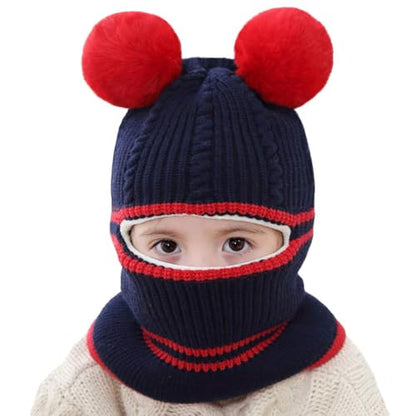 Toddler Winter Hat Baby Balaclava 2 in 1,Fleece Lined Knitted Beanie with Face Mask, Ear Flaps & Pom Pom for Boys Girls - color: Bear-pink+dark Blue