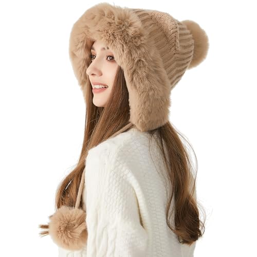 HUAMULAN Women Winter Sherpa Beanie Hats Knit Ear Flaps Fleece Lined - color: Khaki