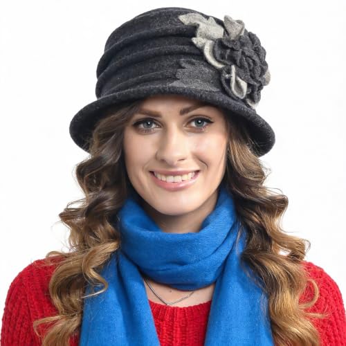 Vintage Women Floral Wool Dress Cloche Winter Hat 1920s - color: C020-d-dark Grey