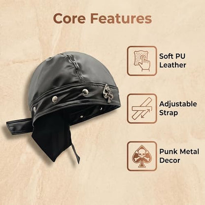 Leather Biker Skull Cap for Women Adjustable Skull Motorcycle Hat with Snug Fit, Stylish Biker Head Wrap & Riding Cap - color: Spade Skull Emblem