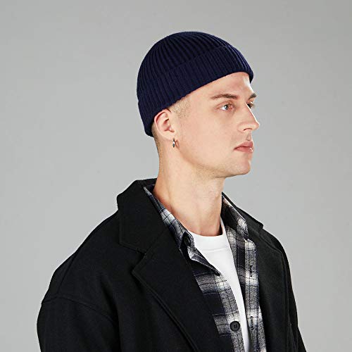 vidsel Wool Knit Cuff Short Fisherman Beanie for Men Women, Winter Warm Hat - color: Black, Gray, Navy Blue