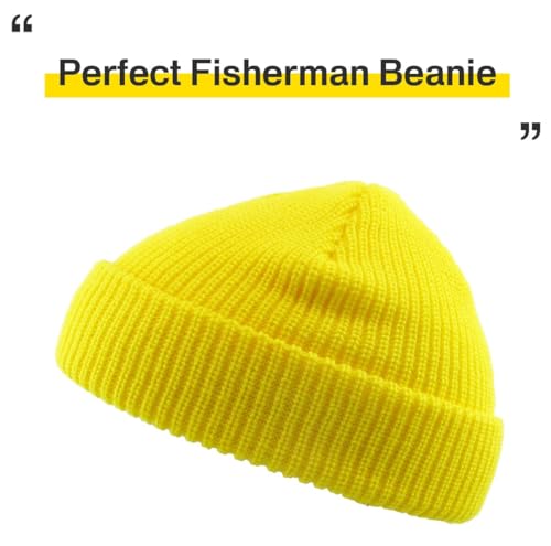 Fisherman Short Beanie Leon Roll up Trawler Classic Skullcap Hipster Beanie Warm Winter Hats Acrylic Ribbed Knit Cuff Daily - color: 5. Yellow Fisherman Beanie