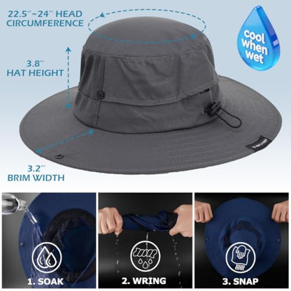Cooling Sun Bucket Hat, UPF 50+ Wide Brim Boonie Hat with Ponytail Hole - color: 01 Dark Grey