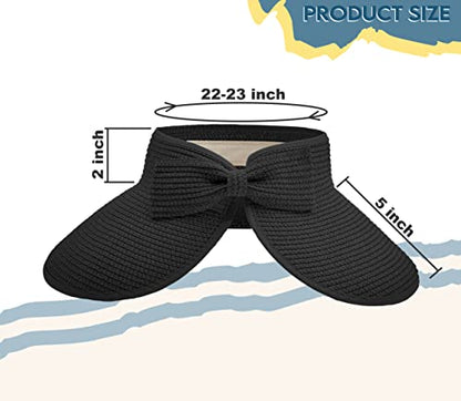 Straw Sun Visor for Women, Wide Brim UPF 50+ Protection Beach Hat, Adjustable, Roll Up Foldable Ponytail Cap with Chin Strap - color: Black