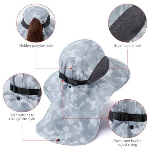 BASSDASH UPF 50+ Unisex Water Resistant Wide Brim Sun Hat with Large Neck Flap Ponytail Fishing Hat for Men Women - color: Light Grey Camo