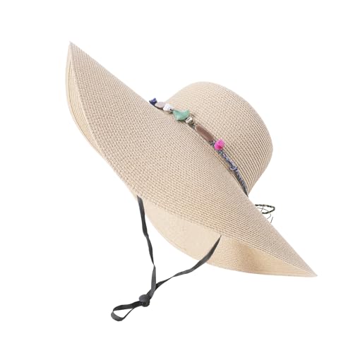 Lanzom Womens Wide Brim Straw Hat Big Floppy Foldable Roll up Cap Beach Sun Hat UPF 50+ - color: Rainbow Bead-beige