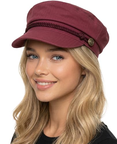 Funky Junque Greek Fisherman Newsboy Cap, Cotton Captains Bakerboy Hat - color: Burgundy