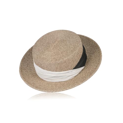 2026 Japanese Style Flat Top Straw Hat for Women, Twisted Ribbon Wide Brim UV Protection Sun Hat, Beach Vacation for Travel - color: Beige