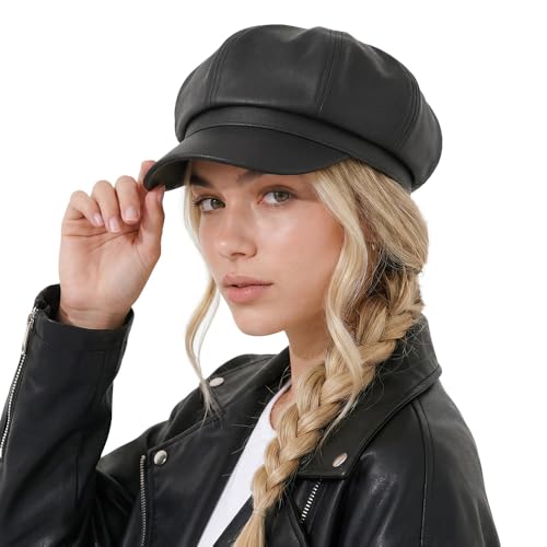 C.C Knitted Newsboy Cap for Women – Soft Knit Hat with Adjustable Velcro, Lightweight Warm Winter Style - color: Faux Leather-black