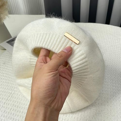 Yanmucy Beret Hat Women Girl, Fluffy Knitted French Beret Warm Classic Beanie Hats Cap for Ladies Men Winter Autumn - color: White