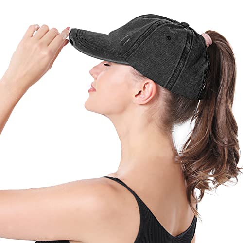 Criss Cross Ponytail Hat Women Washed Distressed Baseball Caps Adjustable High Messy Bun Ponycap - color: B - Denim Black