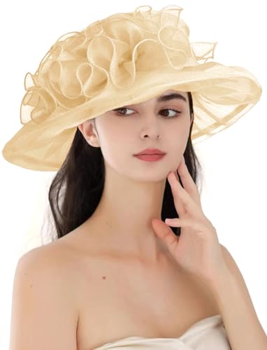 ORIDOOR Women's Organza Cloche Bowler Hat Derby Fascinator for Tea Party Bridal Wedding Hat - color: 013-beige