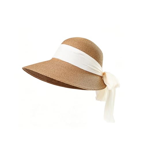 Summer Beach Hat for Women Straw Hats for Women Foldable Womens Sun Hats Outdoor Visor - color: Khaki With Beige Ribbon