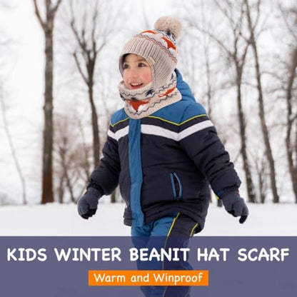 Beanie Knit Hats for Toddlers with Earflap Fleece Lined Hat Kids Warm Winter Hat Scarf Set Children's Thick Ski Cap - color: Fox-navy+scarf