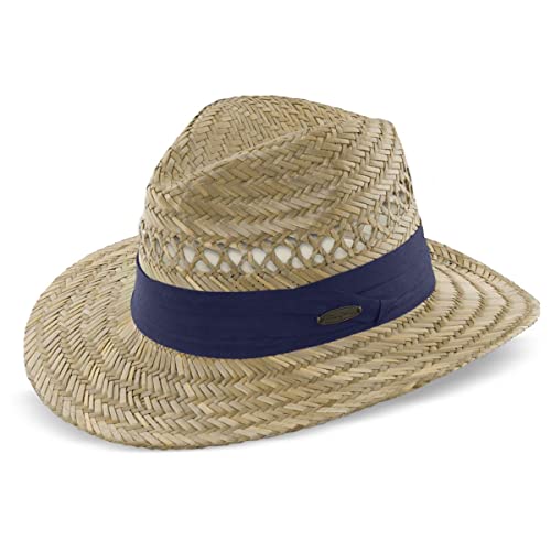 Panama Jack Mens Safari Sun Hat - Handwoven Straw, Lightweight, 3" Brim, Inner Elastic Sweatband - color: Navy, size: Small-Medium