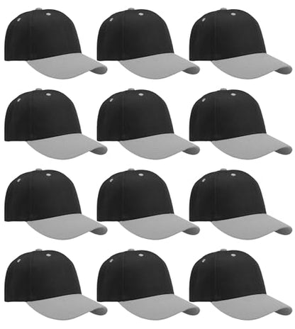 Falari Wholesale Bulk Lot 12-Pack Baseball Cap Adjustable Size Plain Blank Solid Color - color: Black/Grey