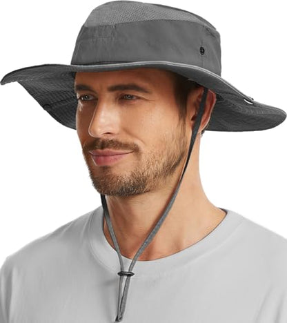 Wide Brim Sun Hat for Men Women, UPF 50+ Waterproof Packable Bucket Boonie Safari Fishing Hat - color: Dark Grey