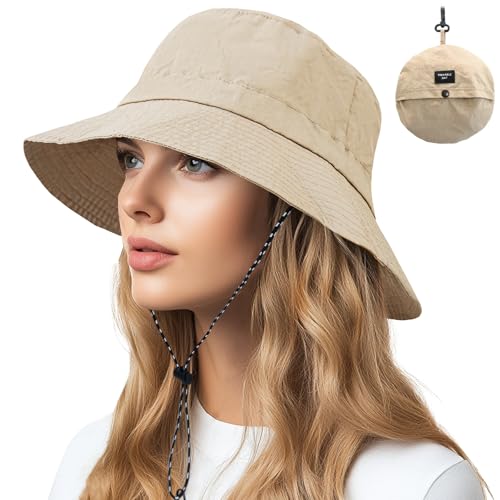 NPQQUAN Sun Bucket Hats for Woman Men Lightweight Sun Hat Packable Foldable - color: (Darkbeige)