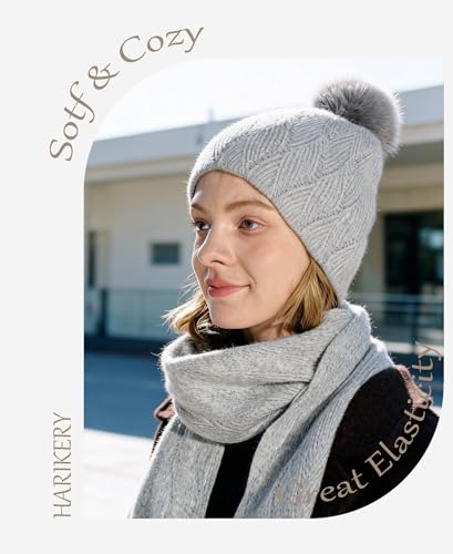 Knit Hat Scarf Set with Detachable Pom Pom, Wool Blend Winter Beanie & Long Scarf, Cold Weather Accessories for Women - color: Grey