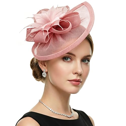 DRESHOW Fascinators Hat Feather Headband Women's Fascinators Tea Party Headwear with Clip Flower Head Band for Girls & Women - color: Medium Size: Nude Pink