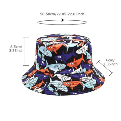 Quanhaigou Reversible Printed Bucket Hat,Summer Beach Outdoor Cap - color: Cartoon Shark