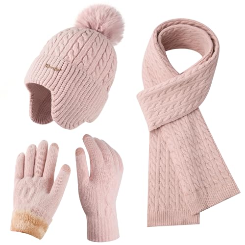Winter Hat Scarf Gloves Set for Women, Classic Cable Beanie with Removable Pom Pom Long Scarf Touchscreen Gloves 3 in 1 Set - color: Pink Earmuffs