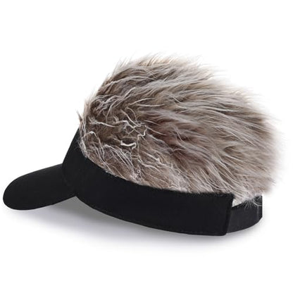 Adjustable Sun Visor Hat with Wig Spiked Hairs Fashion Baseball Golf Cap for Men & Women - color: Black+brown Hair
