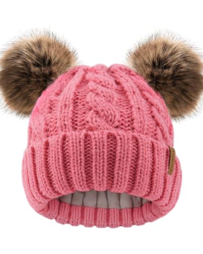 FURTALK Toddler Winter Hat Knit Beanie Double Faux Fur Pompoms Girls Boys - color: Deep Pink, size: 6-24 Months