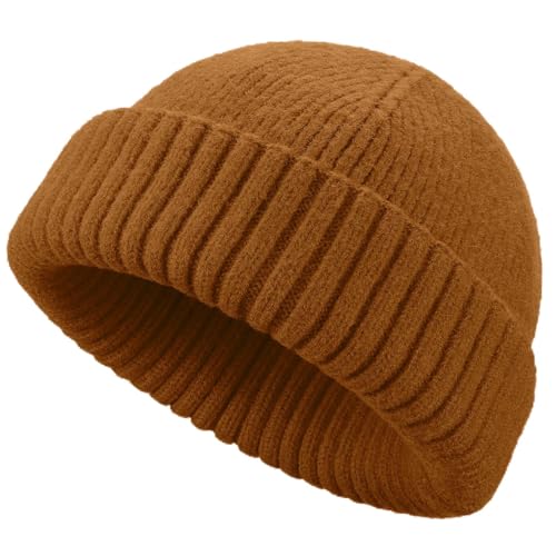 Wool Short Fisherman Beanie for Men Women Double Cuffed Skull Caps - color: 1pcs-golden Brown