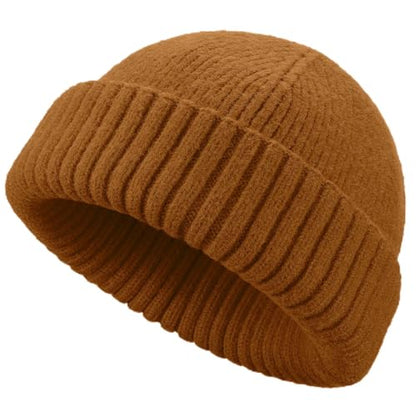 Wool Short Fisherman Beanie for Men Women Double Cuffed Skull Caps - color: 1pcs-golden Brown