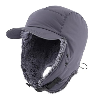 Home Prefer Waterproof Mens Faux Fur Trooper Trapper Hat Hunting Warm Winter Hat with Ear Flaps Visor Face Mask - color: Dark Grey