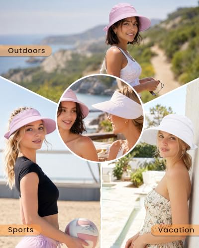 CHUNG 2 Pack Women Sun Visor Hat Wide Brim Summer UV Protection Zip-Off - color: White/Light Purple