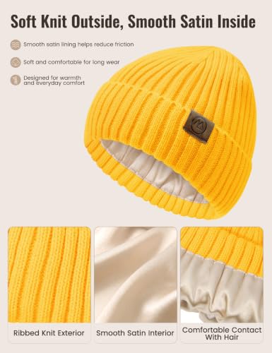 Durio Unisex Silk Lined Beanie Double Layered Winter Hats - color: Yellow