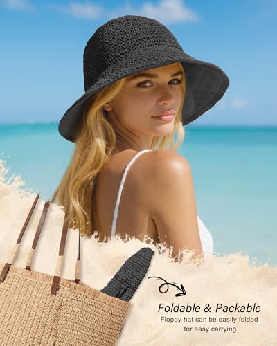Sun Hats for Women, Summer Beach Straw Wide Brim Bucket Hat - color: Black, size: Large