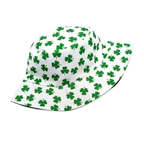 Printed Bucket Hat - Reversible Packable Summer Travel Beach Sun Cap for Men Women Teens - color: Clover White Green