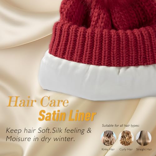 TOP-EX Icelandic Wool Slouchy Beanie for Women Silk Satin Lined with Faux Fur Pom Chunky Knit Warm Womens Winter Hat for Cold Weather Red