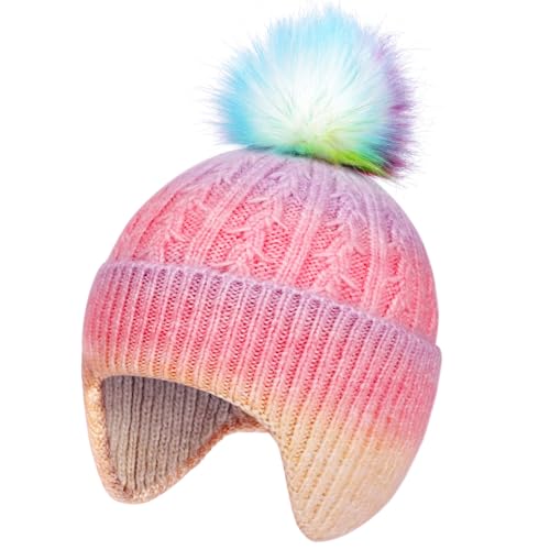 Toddler Earflap Beanie Hat with Rainbow Pom for Little Girls Knitted Beanies Kids Winter Skiing Caps Age 3-8 - color: Rainbow 02