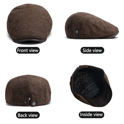 meioro Mens Wool Blend Tweed Newsboy Flat Cap Gatsby Irish Cabbie Ivy Cap Adjustable Newsboy Hat Warm Fleece Winter Hats - color: Coffee
