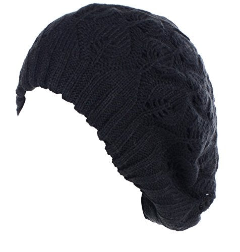 BYOS Women Mid-Weight Slouchy Leafy Cutout Crochet Soft Knit French Beret Hat - color: 2-pack-deep Taupe & Bk