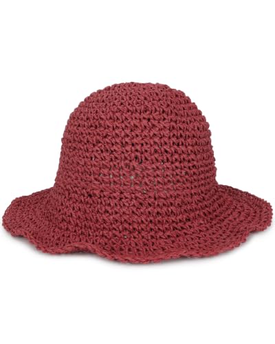 Womens Crochet Straw Sun Hat Foldable Floppy Wide Brim Beach Hat for Summer - color: Dark Red
