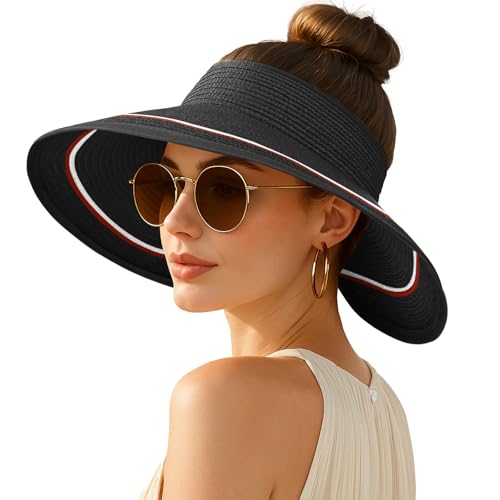 Women's Sun Visor Hats Wide Brim Straw Beach Hat Ponytail Hats for Women Foldable Floppy - color: 1pack-black/Redstripe