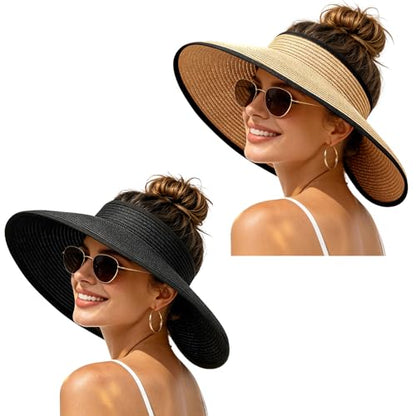 Sun Hats Visor for Women, UV UPF Straw Beach Hat Foldable Wide Brim Ponytail Summer Hats Packable Travel - color: Bowknot 2pack-black&khaki-b-brim