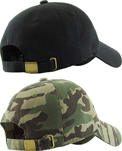 KBETHOS Classic Unisex Cotton Adjustable Low Crown Baseball Cap – Plain Dad Hat - color: Black + Camo (2 Pack)