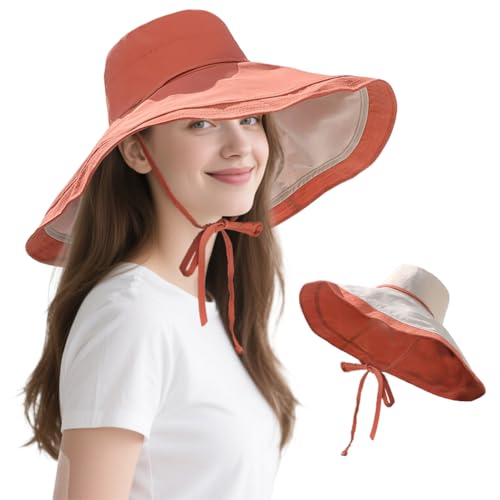 VIOKKO Large Brim Sun Hat for Women - 6.9" Wide-Brim Packable Reversible UV Protection Beach Bucket Cap - color: Orange