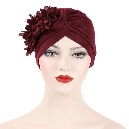 Flower Pre-Tied Turban Beanie, Soft Chemo Cap for Women Cancer Hair Loss - color: Wine