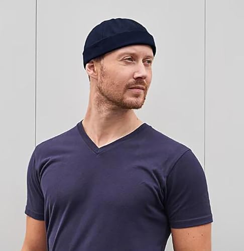 2 Pcs Mens Brimless Docker Cap Set - Retro Worker Sailor Skull Cap Beanie with Rolled Cuff - color: Navy Blue