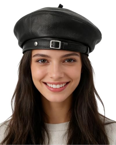 MINGSEECESS Women PU Leather French Black Beret Hat Causal Beanie Hat - color: Belt-black