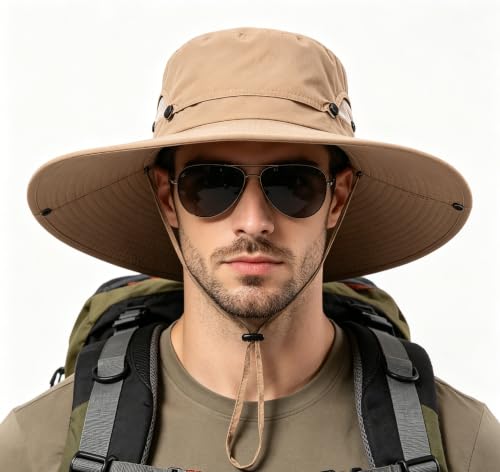 Fishing Sun Hat for Men UPF 50+ Wide Brim Boonie Hats for Summer - color: Khaki